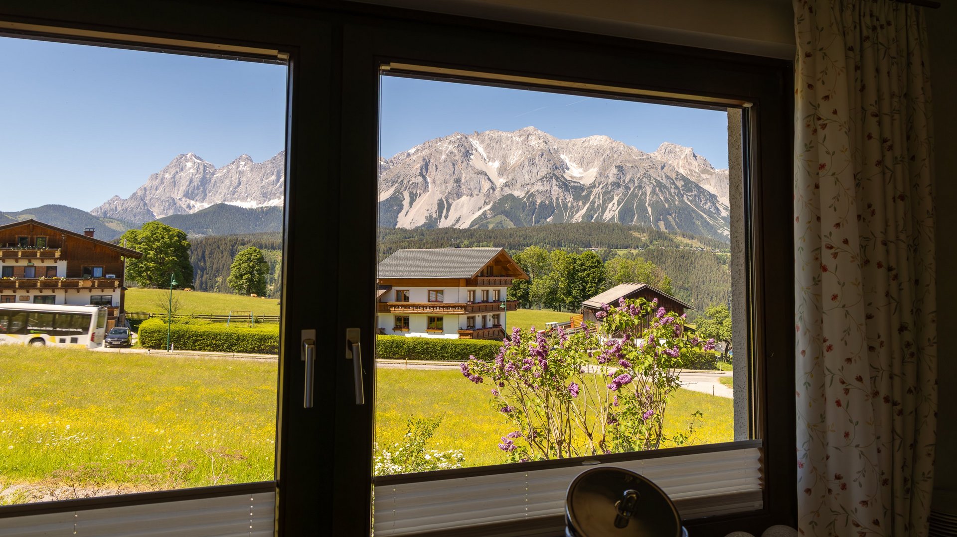 Panoramablick vom Hotelzimmer Aussicht aus einem Fenster auf eine Berglandschaft mit blühenden Pflanzen im Vordergrund